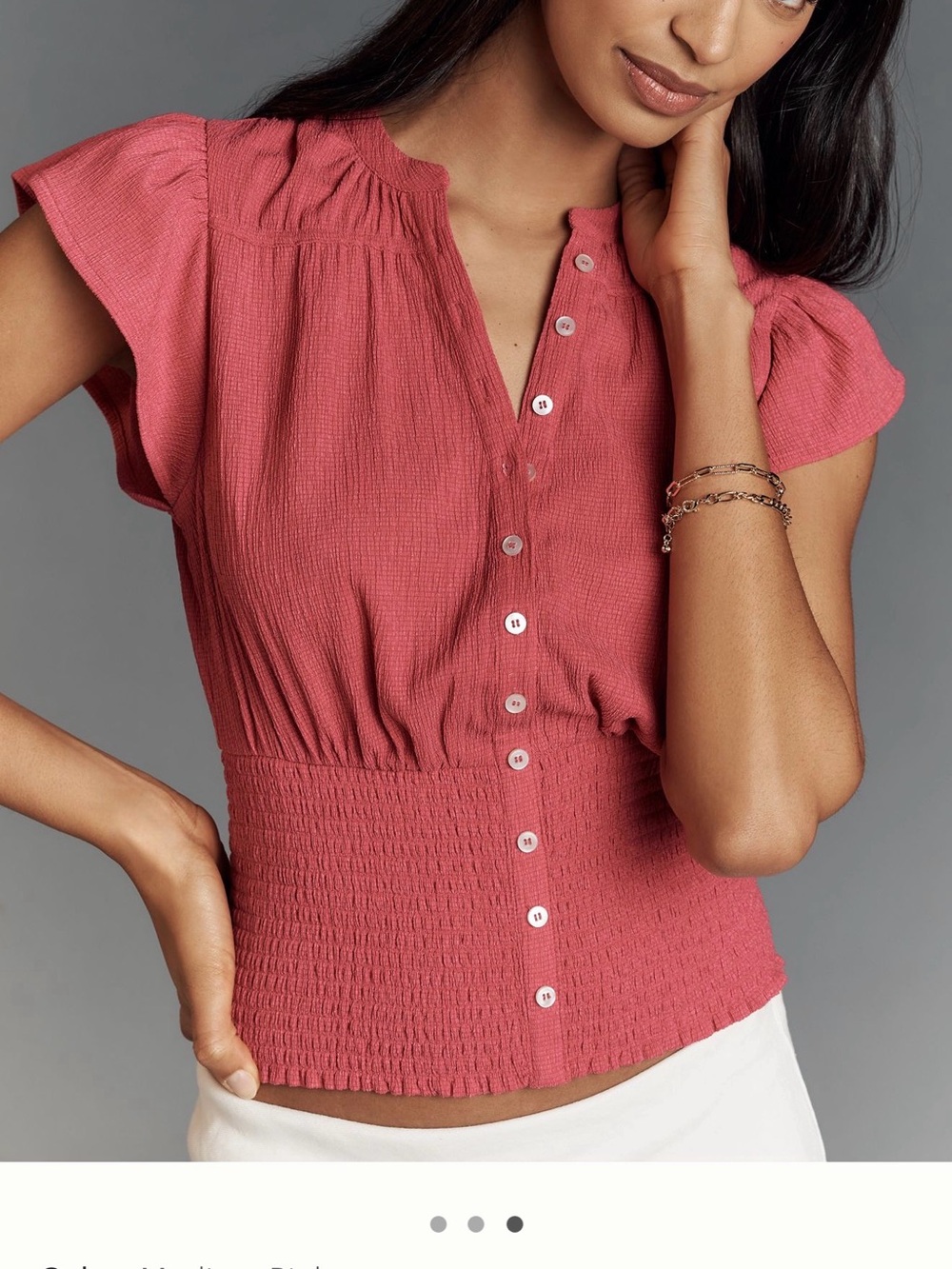 Maeve Rose-Pink Button Smocked-Waist Flutter Sleeve Top Sz XL NWT
